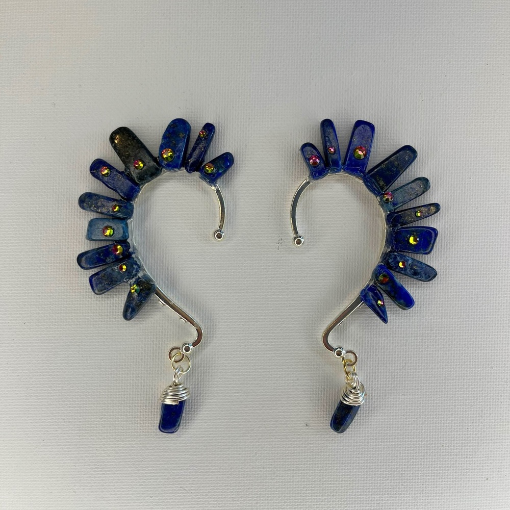 Pair of blue lapis lazuli crystal ear cuffs, no pierce, dangle earring